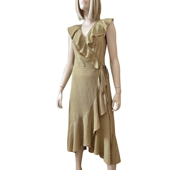 MAX STUDIO Ruffle Wrap Dress Midi Flutter Neckline Flowy Flounce Hem Hi-Low - Picture 4 of 16